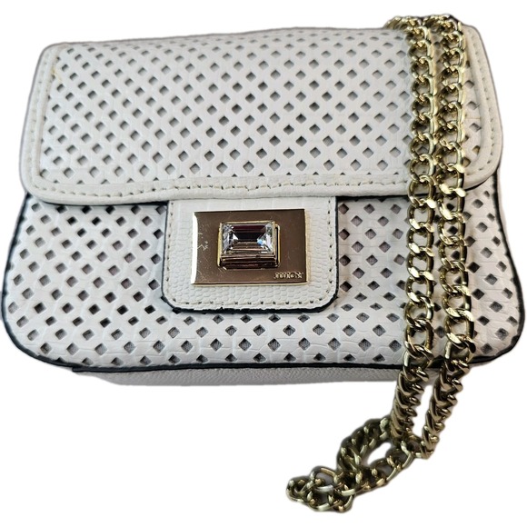 Juicy Couture White Perforated‎ Chain Crossbody Bag Rhinestone Turn Lock Gold - Picture 5 of 16